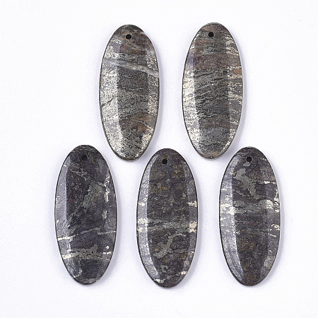 Honeyhandy Natural Pyrite Pendants, Oval, 41x18x4~5mm, Hole: 1.5mm