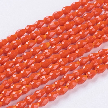 Arricraft Opaque Solid Color Glass Beads Strands, Faceted, teardrop, Orange Red, 5x3mm, Hole: 0.5mm; about 85~95pcs/strand, 16.5~18.7 inches(42~47.5cm)