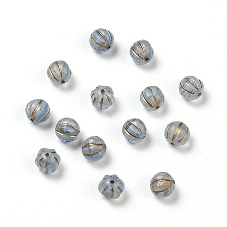 Arricraft Czech Glass Beads, with Gold Wash, Pumpkin/Round Melon, Light Steel Blue, 8mm, Hole: 0.8mm, about 14pcs/10g