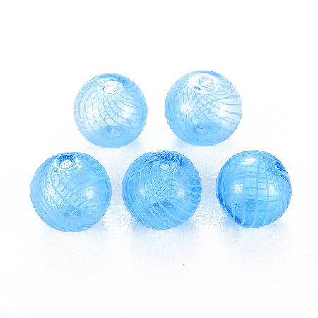 ARRICRAFT Transparent Handmade Blown Glass Globe Beads, Stripe Pattern, Round, Light Sky Blue, 12.5~13.5mm, Hole: 1~2mm