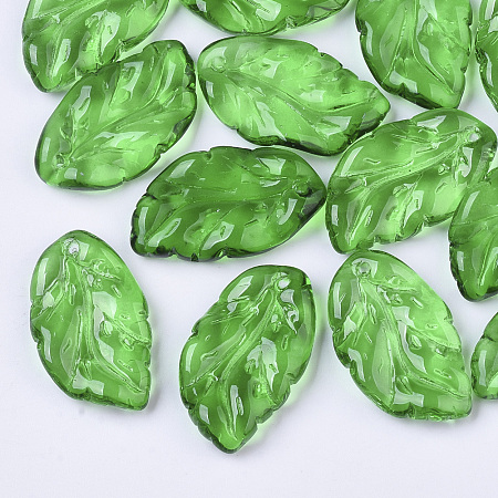 Arricraft Transparent Spray Painted Glass Pendants, Leaf, Green, 29x17x5mm, Hole: 1.4mm
