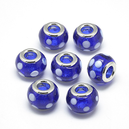 Honeyhandy Handmade Lampwork European Beads, with Platinum Brass Double Cores, Large Hole Beads, Rondelle with Spot, Blue, 14x10.5mm, Hole: 5mm