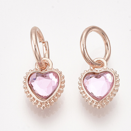 Honeyhandy Glass Pendants, with Alloy Findings, Faceted, Heart, Rose Gold, Pearl Pink, 11.5x8.5x4.5mm, Hole: 6.5mm
