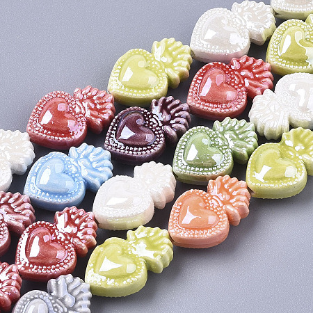 ARRICRAFT Handmade Porcelain Beads, Bright Glazed Porcelain Style, Heart, Mixed Color, 16x10.5x6.5mm, Hole: 1.2mm