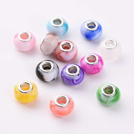 ARRICRAFT Opaque Resin European Beads, Large Hole Beads, Imitation Gemstone Style, with Silver Tone Brass Double Cores, Rondelle, Mixed Color, 14x9.5mm, Hole: 5mm