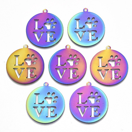 Honeyhandy Ion Plating(IP) 201 Stainless Steel Pet Pendants, Etched Metal Embellishments, Flat Round with Word Love & Dog Footprint, Rainbow Color, 33x30x0.3mm, Hole: 2mm