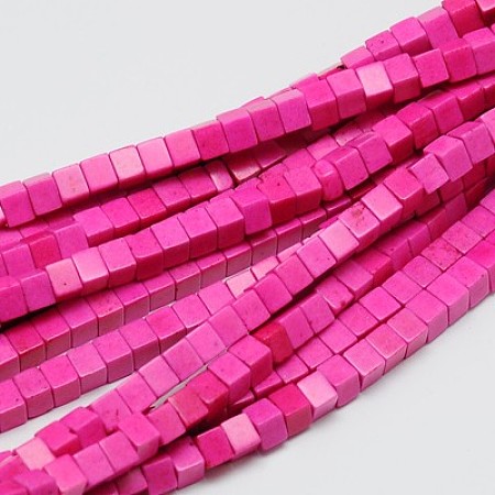 Honeyhandy Synthetic Turquoise Beads Strands, Dyed, Cube, Deep Pink, 4x4x4mm, Hole: 1mm, about 95pcs/strand, 15.75 inch