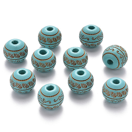 Honeyhandy Painted Natural Wood Beads, Laser Engraved Pattern, Round with Leave Pattern, Dark Turquoise, 10x9mm, Hole: 2.5mm