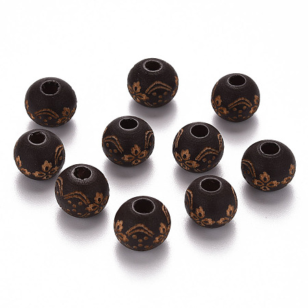 Honeyhandy Painted Natural Wood Beads, Laser Engraved Pattern, Round with Flower Pattern, Coconut Brown, 10x9mm, Hole: 3mm