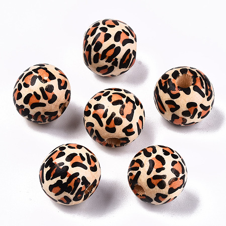 Honeyhandy Printed Natural Wooden Beads, Round with Leopard Print Pattern, Peru, 13x12mm, Hole: 3mm