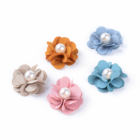 Honeyhandy Handmade Cloth Woven Costume Accessories, with ABS Plastic Imitation Pearl, Flower, Mixed Color, 24~27x10mm