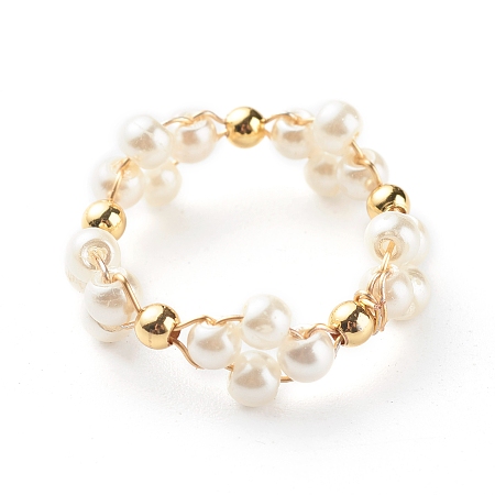 Honeyhandy Glass Pearl Beads Finger Rings, with Brass Beads, Ring, White, 7mm, US Size 8(18mm)