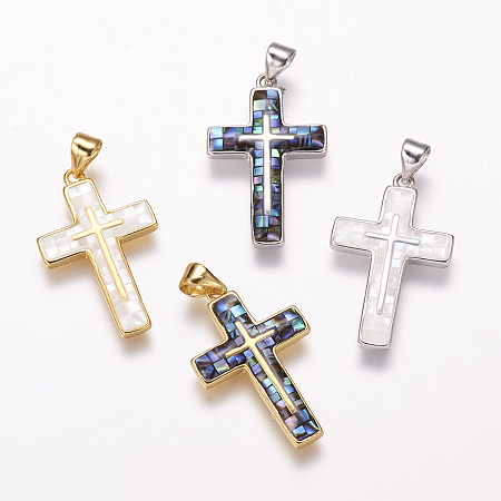 Honeyhandy Freshwater Shell Pendants, with Brass Findings, Cross, Mixed Color, 26x16x2.5mm, Hole: 3.5x5mm