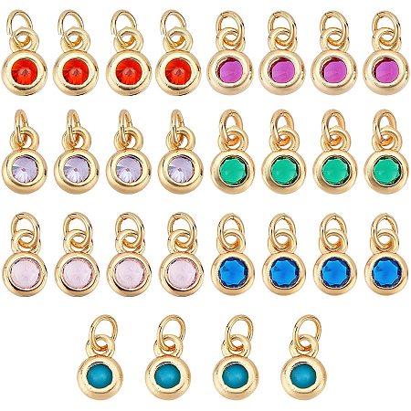 SUPERFINDINGS 28Pcs 7 Colors Cubic Zirconia Charms Brass Rhinestone Charms with Gold Plated Loop 6.5mm Flat Round Crystal Birthstone Charms for Jewelry Making DIY Craft