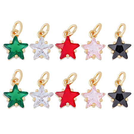 Arricraft 10Pcs 5 Colors Rack Plating Brass Micro Pave Cubic Zirconia Charms, with Jump Rings, Long-Lasting Plated, Cadmium Free & Lead Free, Star, Real 18K Gold Plated, Mixed Color, 10.5x8.5x6mm, jump rings: 5x0.9mm, Hole: 3.2mm, 2pcs/color