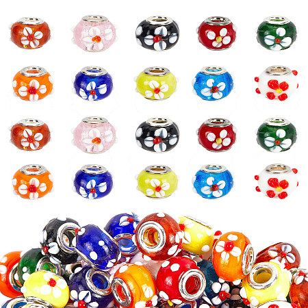 10 Colors Handmade Lampwork European Beads, Bumpy Lampwork, with Platinum Brass Double Cores, Large Hole Beads, Rondelle with Flower, Mixed Color, 16x14x10.5mm, Hole: 5mm; 10 colors, 6pcs/color, 60pcs/box