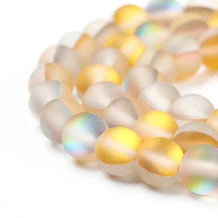 ARRICRAFT Synthetic Moonstone Beads Strands, Holographic Beads, Dyed, Frosted, Round, Yellow, 6mm, Hole: 1mm, about 62pcs/strand, 15.5 inches