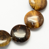 Honeyhandy Natural Tiger Eye Stone Beads Strands, Flat Round, 14x6mm, Hole: 1mm, about 28pcs/strand, 15.3 inch