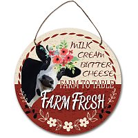 NBEADS Farm Fresh Cow Wood Sign Plaque, Farmhouse Wooden Hanging Wall Sign Cow Pattern Wall Decor with Jute Twine for Farmhouse Home Decor Wall, 11.8x11.8 Inch