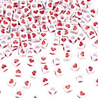 OLYCRAFT 200Pcs White Acrylic Beads Cube Beads with Red Heart Opaque Beads for DIY Earring Necklace Making 6.5x6x6mm