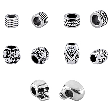 Unicraftale Stainless Steel European Beads, Large Hole Beads, Mixed Shapes, Antique Silver, 10pcs/box