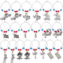 BENECREAT 20Pcs 10 Styles Antique Silver Wine Glass Charms, National Flag Dollar Bills Eagle Alloy Pendant with 3 Colors Pearl Glass Markers for Wine Tasting Party Decoration