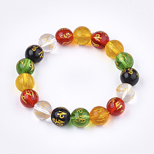 Honeyhandy Natural Agate Mala Bead Bracelets, Buddhist Jewelry, Stretch Bracelets, Round with Om Mani Padme Hum, Colorful, 2-1/8 inch(5.5cm)