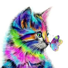 Honeyhandy DIY Diamond Painting Canvas Kits For Kids, with Resin Rhinestones, Diamond Sticky Pen, Tray Plate and Glue Clay, Cat with Butterfly, Mixed Color, 40x40cm