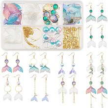 SUNNYCLUE 1 Box DIY Make 10 Pairs Mermaid Ocean Theme Earring Making Kit Fishtail Shape Charms Mermaid Fish Scale Link Pendants Glass Pearl Beads for Women Beginners DIY Earring Jewellery Making