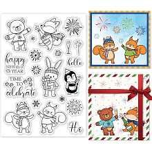 GLOBLELAND Happy New Year Animals Clear Stamps Bear Rabbit Fox Penguin Silicone Stamps Snowflake Fireworks Rubber Transparent Stamps for Card Making Scrapbooking