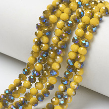 Honeyhandy Electroplate Opaque Solid Color Glass Beads Strands, Half Plated, Blue Plated, Faceted, Rondelle, Gold, 4x3mm, Hole: 0.4mm, about 123~127pcs/strand, 16.5~16.9 inch(42~43cm)