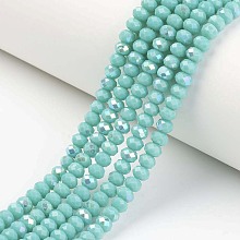 Honeyhandy Electroplate Opaque Solid Color Glass Beads Strands, Half Rainbow Plated, Faceted, Rondelle, Turquoise, 6x5mm, Hole: 1mm, about 85~88pcs/strand, 16.1~16.5 inch(41~42cm)