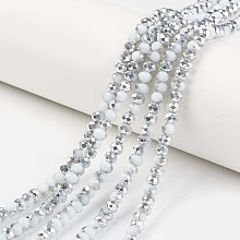 Honeyhandy Electroplate Opaque Glass Beads Strands, Half Silver Plated, Faceted, Rondelle, White, 6x5mm, Hole: 1mm, about 92~94pcs/strand, 17~17.5 inch(42.5~43.75cm)