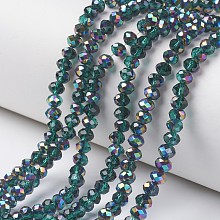 Honeyhandy Electroplate Transparent Glass Beads Strands, Half Multi-color Plated, Faceted, Rondelle, Green, 4x3mm, Hole: 0.4mm, about 130pcs/strand, 16.54 inch(42cm)