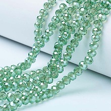 Honeyhandy Electroplate Glass Beads Strands, Pearl Luster Plated, Faceted, Rondelle, Light Green, 6x5mm, Hole: 1mm, about 85~88pcs/strand, 16.1~16.5 inch(41~42cm)