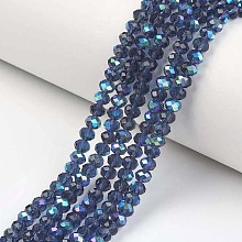 Honeyhandy Electroplate Glass Beads Strands, Half Rainbow Plated, Faceted, Rondelle, Marine Blue, 6x5mm, Hole: 1mm, about 85~88pcs/strand, 16.1~16.5 inch(41~42cm)