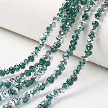 Honeyhandy Electroplate Transparent Glass Beads Strands, Half Silver Plated, Faceted, Rondelle, Teal, 6x5mm, Hole: 1mm, about 92~94pcs/strand, 17~17.5 inch(42.5~43.75cm)