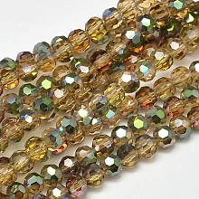 Honeyhandy Faceted Round Half Rainbow Plated Electroplate Glass Beads Strands, Dark Khaki, 4mm, Hole: 1mm, about 100pcs/strand, 14.9 inch