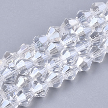 Honeyhandy Electroplate Glass Beads Strands, Pearl Luster Plated, Faceted, Bicone, Clear, 7.5~8x7.5~8mm, Hole: 1.5mm, about 40pcs/strand, 11.81 inch