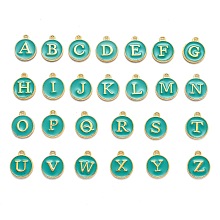 Honeyhandy Initial Letter A~Z Alphabet Enamel Charms, Flat Round Disc Double Sided Charms, Golden Plated Enamelled Sequins Alloy Charms, Green, 14x12x2mm, Hole: 1.5mm, 26pcs/set