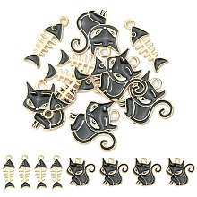 Honeyhandy 10Pcs 2 Styles Alloy Enamel Pendants, Cat & Fish Bone, Light Gold, Black, 21~24x8~20x1.5mm, Hole: 2mm, 5pcs/style