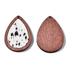 Honeyhandy Eco-Friendly Cowhide Leather Pendants, with Dyed Wood, Teardrop with Leopard Print, Black, 46x32.5x4mm, Hole: 1.2mm