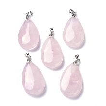 Honeyhandy Natural Rose Quartz Pendants, with Brass Finding, Teardrop, 35x20x7.5~9mm, Hole: 4x3.5mm