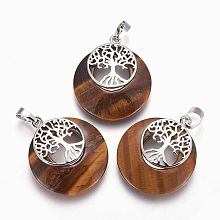 Honeyhandy Natural Tiger Eye Pendants, with Platinum Tone Brass Findings, Flat Round with Tree of Life, 32.5~33x27.5~28x5~6mm, Hole: 5x7mm