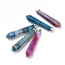 Honeyhandy Natural Crackle Agate Big Pointed Pendants, with Alloy Findings, Bullet, Dyed, Platinum, 54~56x11x10mm, Hole: 1.5mm