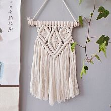 Honeyhandy Cotton Cord Macrame Woven Wall Hanging, with Plastic Non-Trace Wall Hooks, for Nursery and Home Decoration, Floral White, 535x200x19mm