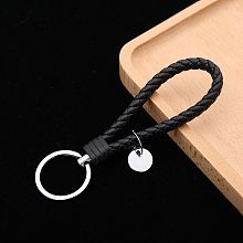 Honeyhandy PU Leather Knitting Keychains, Wristlet Keychains, with Platinum Tone Plated Alloy Key Rings, Black, 12.5x3.2cm