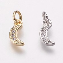 Honeyhandy Brass Cubic Zirconia Pendants, Moon Charms, Platinum & Golden, 9.5x5x2mm, Hole: 3mm