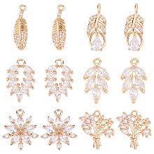 SUNNYCLUE 1 Box 12Pcs Cubic Zirconia Charms Feather Charm Micro Pave Rhinestone Shiny Leaf Flowers Long Lasting Plated Brass Leaves Charms for Jewelry Making Charm Spring Season Wedding Earrings DIY