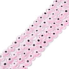 Honeyhandy Handmade Evil Eye Lampwork Flat Round Bead Strands, Pink, 8x3.2mm, Hole: 1mm, about 49pcs/strand, 14.56 inch